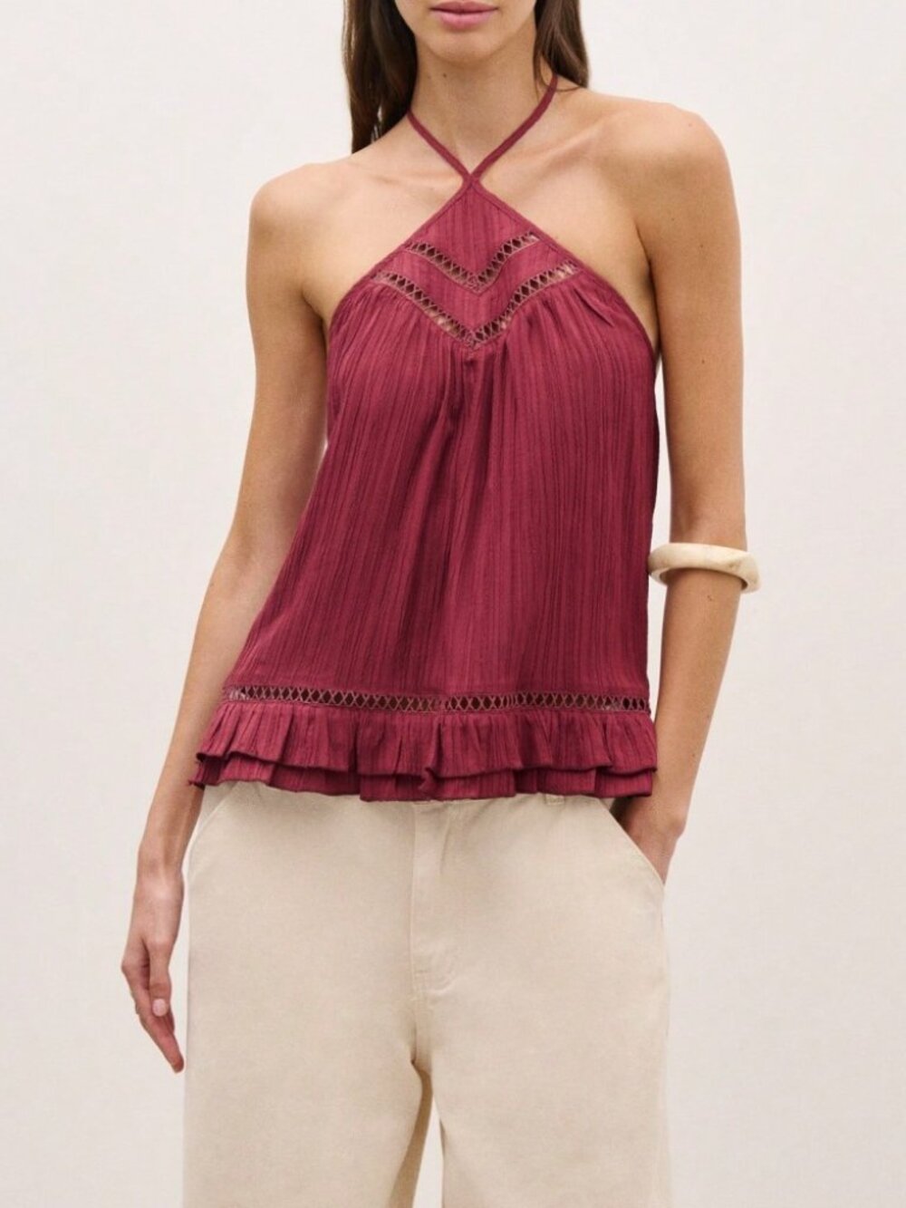 Burgundy Halter Blouse with Lattice Cutout Detail